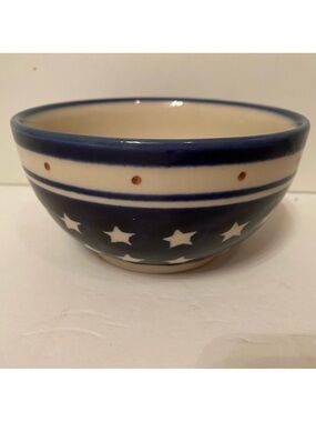 POLISH POTTERY BOWL BLUE WHITE STARS HANDMADE HOME DINING CEREAL FRUIT DINNER